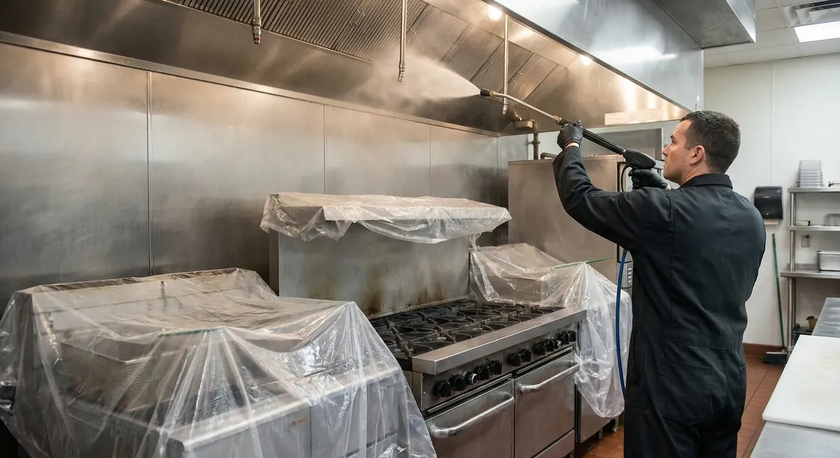 Fairfax restaurant hood cleaning technician servicing a commercial kitchen exhaust system