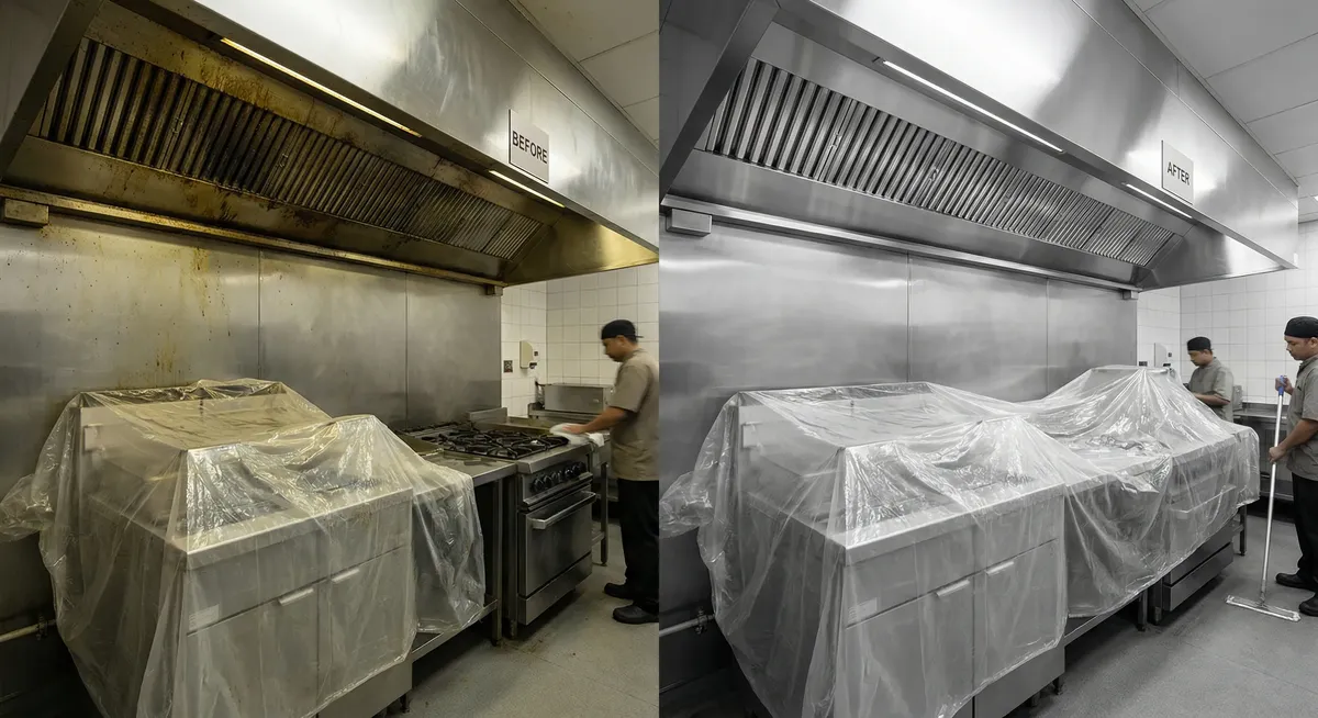 Before and after Fairfax hood cleaning comparison showing restaurant grease removal results